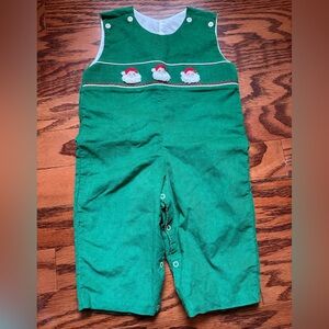 Festive Green Kids Overalls with Santa